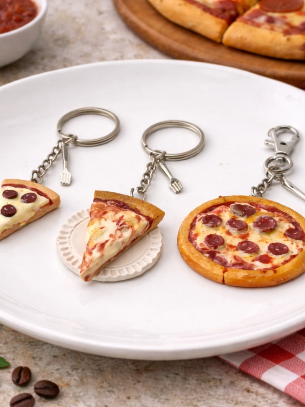 Pizza Keychain or Bag Clip – Pepperoni Slice, NY Slice on Plate, Pepp. Pizza Pie